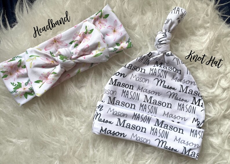 Personalized Baby Name Knot Hat and Swaddle Blanket Set, baby personalized name newborn hospital gift baby shower gift baby boy or baby girl image 8