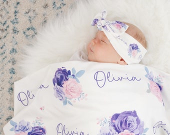Personalized Baby Swaddle Blanket, purple floral knot hat or headband, personalized swaddle baby shower arrival gift