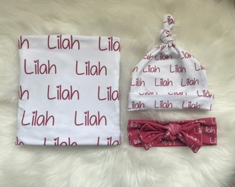 Personalized Name Swaddle, Newborn Swaddle Blanket, Baby Blanket Set Knot Hat or Name Headband, Name Swaddle, Red Blanket