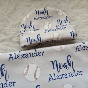 Personalized swaddle blanket and baseball hat set, personalized blanket, newborn name blanket, boy hospital baby shower arrival baby gift