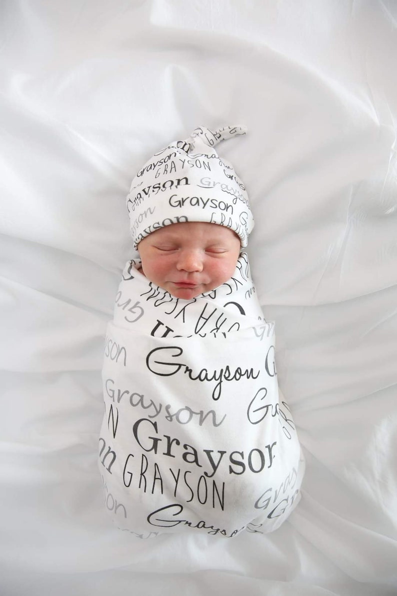 Personalized Baby Name Knot Hat and Swaddle Blanket Set, baby personalized name newborn hospital gift baby shower gift baby boy or baby girl image 1