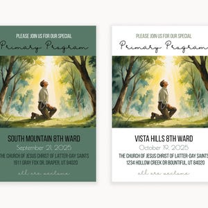 May include: Two event announcement cards. The top of each card reads "PLEASE JOIN US FOR OUR SPECIAL Primary Program". The cards feature a watercolour image of a person kneeling in a forest. The bottom of each card has event details.