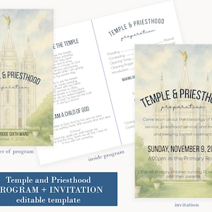 Può includere: Un set di programmi e inviti per la preparazione al Tempio e al Sacerdozio. Il design presenta un'illustrazione ad acquerello di un tempio, con testo che include la data, l'ora e il luogo dell'evento. Il programma include il testo "Temple & Priesthood preparation."