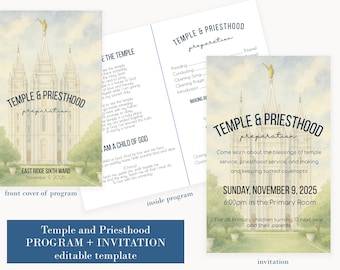 Temple and Priesthood Preparation Program LDS Editable Template, Church of Jesus Christ of Latter-Day Saints Invitation and program