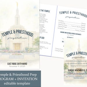 Op de afbeelding: Een programma- en uitnodigingsset voor de voorbereiding op de Tempel en het Priesterschap. Het ontwerp bevat een aquarelillustratie van een tempel en tekst zoals "Temple & Priesthood preparation" en evenementdetails voor 9 november 2025.
