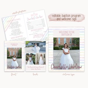 Puede incluir: Una plantilla de programa de bautismo y cartel de bienvenida imprimible con un fondo a rayas de arcoíris y una foto de una niña con un vestido blanco. El texto "Bienvenido al bautismo de Charlotte Harlow" se muestra en el cartel. El programa incluye el texto "El bautismo de Charlotte Harlow" y una lista de eventos para la ceremonia.