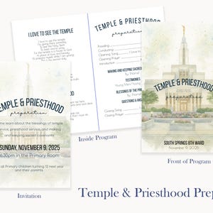 Może przedstawiać: Zestaw materiałów drukowanych na wydarzenie Przygotowanie do Świątyni i Kapłaństwa. Zaproszenie i program zawierają akwarelowe ilustracje świątyni i szczegóły wydarzenia. Tekst zawiera "Temple & Priesthood" i "Niedziela, 9 listopada 2025 r.".