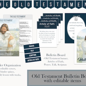 Könnte beinhalten: Ein Pinnwand-Set mit editierbaren Elementen, mit einem Banner mit der Aufschrift "Das Alte Testament". Enthält Ordner-Organisationsmaterialien, Glaubensartikel und Bilder von Jesus mit einem Lamm. Das Set ist für den Religionsunterricht konzipiert.