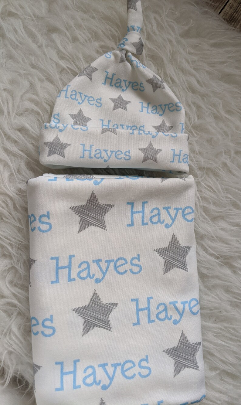 Personalized swaddle blanket and hat set // gray star baby Etsy