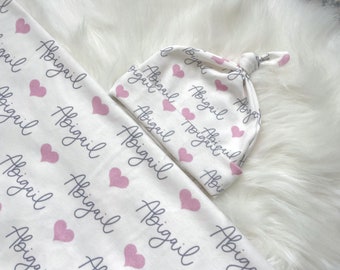 Personalized Baby Swaddle Blanket, knot hat or headband, personalized swaddle baby shower gift