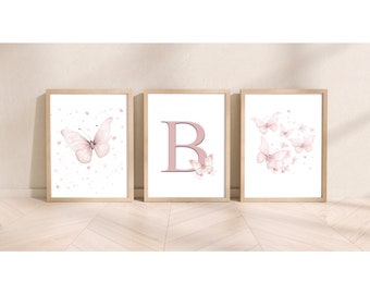 Custom nursery pink butterfly initial wall art for room, butterfly digital file wall room art, baby shower decor, nursery prints