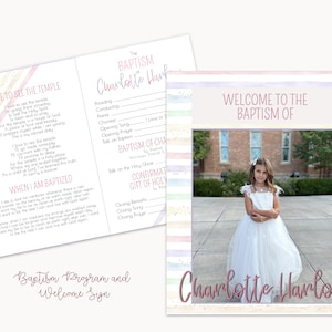 Può includere: Un cartello di benvenuto per un battesimo con uno sfondo a strisce arcobaleno e una foto di una bambina con un vestito bianco. Il cartello dice "Benvenuti al Battesimo di Charlotte Harlow".