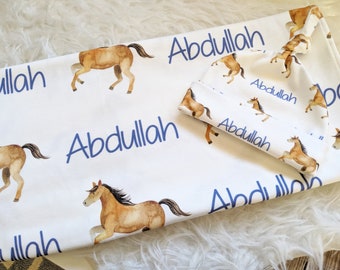 Personalized baby blanket // horse farm swaddle and hat // baby personalized name swaddle // newborn hospital gift // baby shower gift