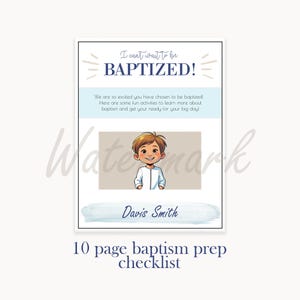 Op de afbeelding: Een voorbereidingschecklist voor de doop met de tekst "Ik kan niet wachten om GEDOOPT te worden!" en "Davis Smith". De checklist bevat een cartoonillustratie van een jongen en is gelabeld met "10 pagina's doopvoorbereidingschecklist".