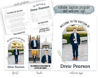 Baptism program LDS Editable Template, Church of Jesus Christ of Latter-Day Saints Baptism invitation, boy baptism blue and black program