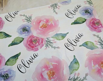 Watercolor Personalized swaddle blanket baby watercolor floral personalized name swaddle newborn hospital gift baby shower gift