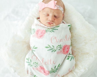 Personalized Name Swaddle, Girl Rose Swaddle Newborn Swaddle Blanket, Baby Blanket Knot Hat or Name Headband, Name Swaddle, Baby Shower Gift