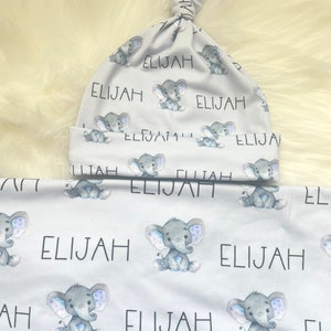 Elephant Personalized swaddle blanket and hat set, personalized blanket, newborn name blanket, baby elephant hospital gift, baby shower gift image 3