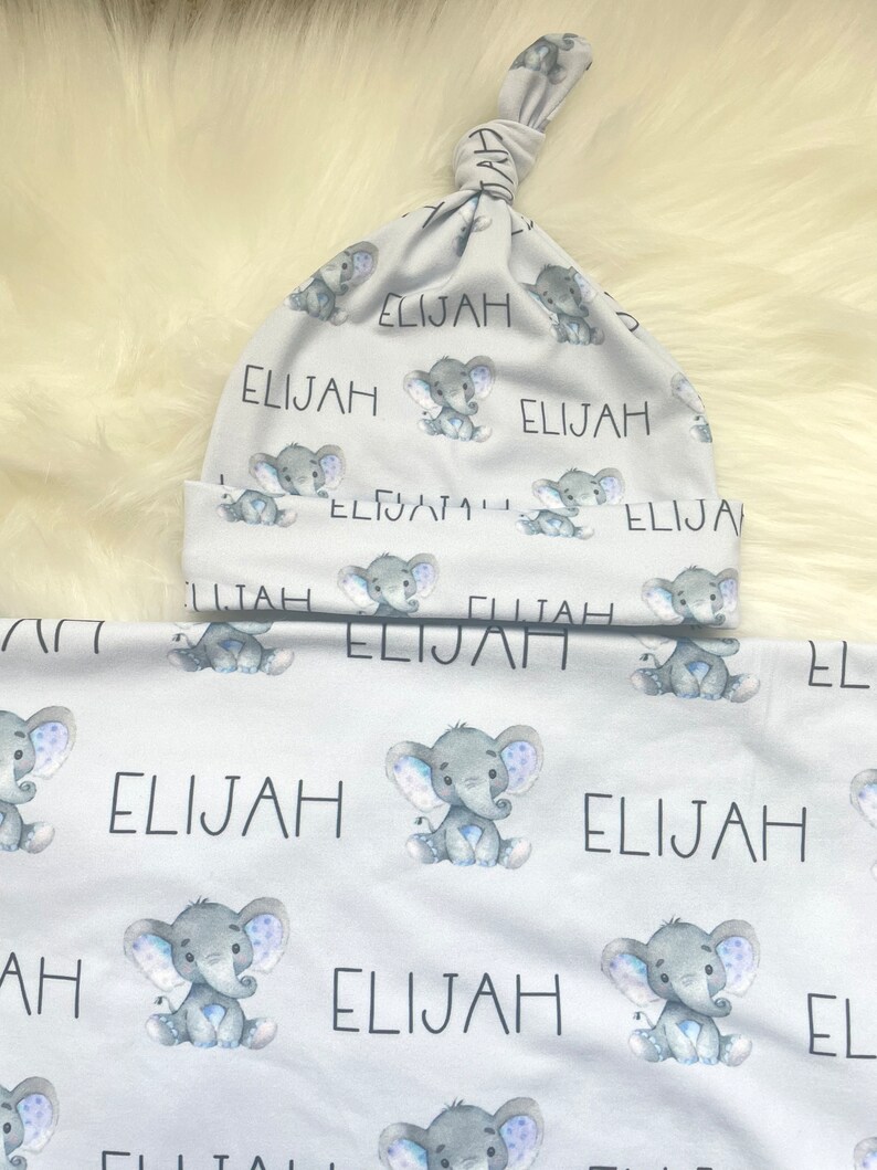 Elephant Personalized swaddle blanket and hat set, personalized blanket, newborn name blanket, baby elephant hospital gift, baby shower gift image 3