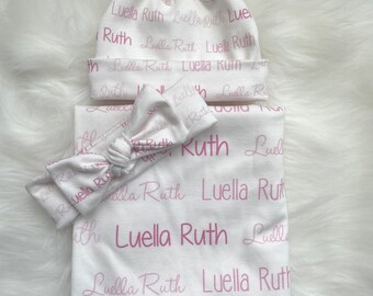 Personalized Baby Name Knot Hat and Swaddle Blanket Set baby personalized name newborn hospital gift baby shower gift