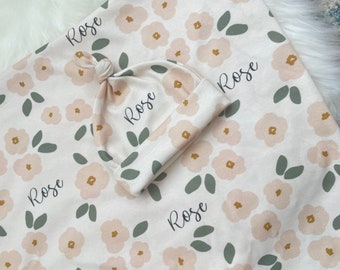 Personalized baby name knot hat and swaddle blanket set, floral baby personalized name newborn hospital gift baby shower gift