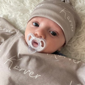 Personalized tan jersey swaddle and knot hat set for baby - baby shower, newborn pictures, hospital gift