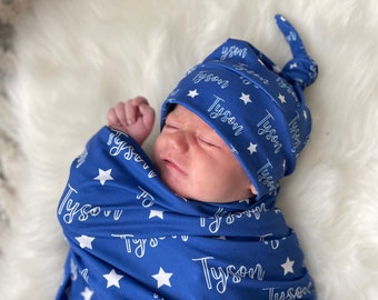 Personalized Name Swaddle, Newborn Swaddle Blanket, Baby Blanket, Star Name Swaddle Cobalt Blue, Baby Shower Gift Custom Newborn Baby