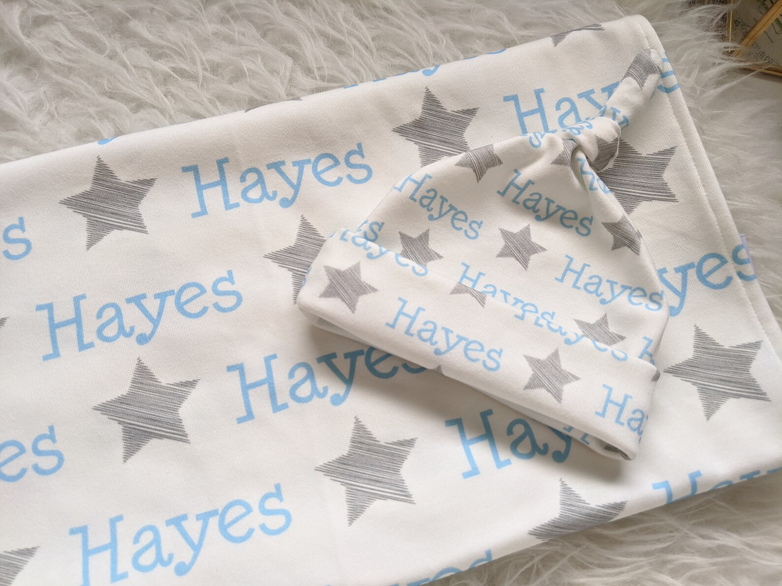 Personalized Swaddle Blanket and Hat Set // Gray Star Baby Etsy