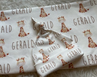 Name Swaddle Personalized Baby Blanket, Giraffe Baby Personalized Name Swaddle Newborn Hospital Gift Baby Shower Gift, Newborn swaddle set