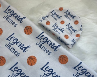 Personalized swaddle blanket and Basketball hat set, personalized blanket, newborn name blanket, hospital gift, baby shower gift