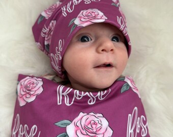 Personalized Name Swaddle, Newborn Swaddle Blanket, Baby Blanket Rose Pink Girl Blanket, Baby Shower Gift Custom Newborn Baby Hospital Gift