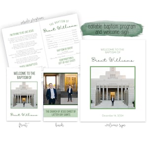 Puede incluir: Un programa de bautismo y una señal de bienvenida imprimibles con un esquema de color verde y blanco. El programa incluye el texto "Estoy tratando de ser como Jesús" y "Cuando soy bautizado". La señal de bienvenida incluye el texto "Bienvenido al bautismo de Brent Williams" y "14 de diciembre de 2024".