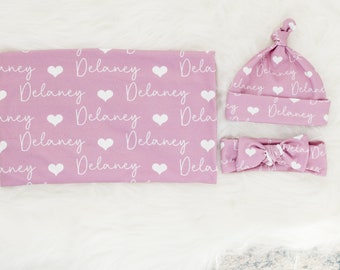 Personalized Name Swaddle, Newborn Swaddle Blanket, Baby Blanket Set Knot Hat or Name Headband, Pink heart Swaddle, Baby Shower Gift Custom