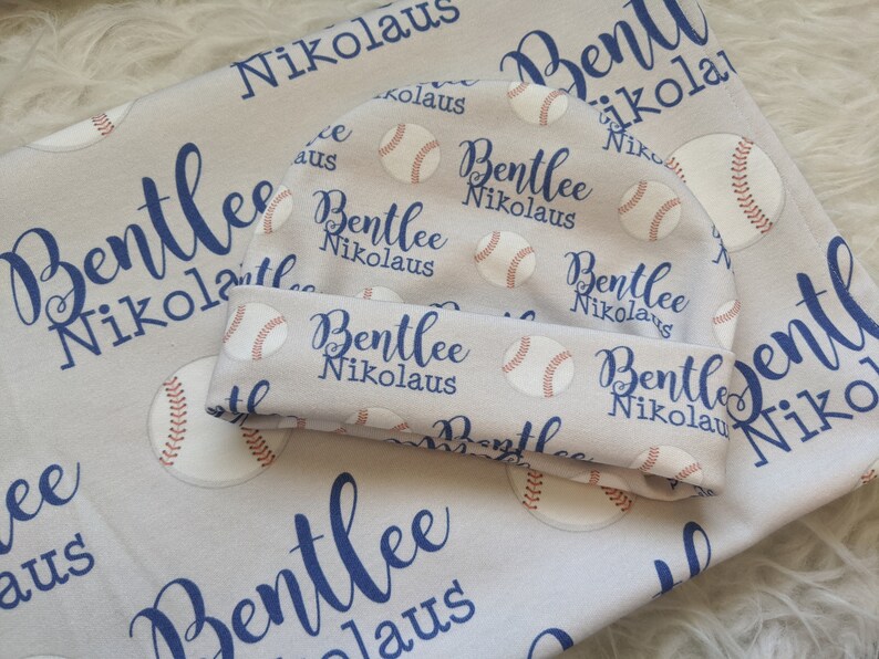 Personalized swaddle blanket and baseball hat set Etsy