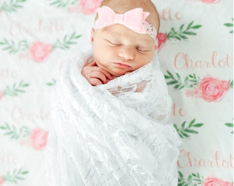 Personalized baby floral rose swaddle blanket for baby and toddler, personalized name newborn hospital gift baby shower gift