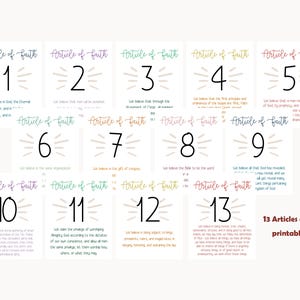 May include: A collection of 13 printable cards, each featuring an "Article of Faith" title and a numbered statement. The cards have a white background with a watercolor-style design and text. The phrase "13 Articles of Faith printable files" is also visible.