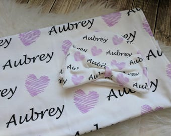 Personalized baby name blanket // baby purple heart personalized name swaddle // newborn baby girl baby boy // baby shower gift