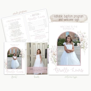 May include: A collection of baptism program templates and a welcome sign. The program includes text such as "I Love to See the Temple" and "Baptism of Brielle Lewis." The welcome sign features a photo of a girl in a white dress.