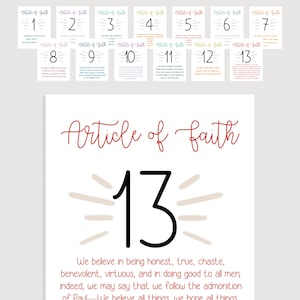 May include: A set of thirteen cards and a larger print, all with the words "Article of Faith." The number 13 is prominently displayed on the larger print, along with a quote about honesty and virtue.