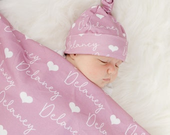 Personalized Name Swaddle, Newborn Swaddle Blanket, Baby Blanket Set Knot Hat or Name Headband, Name Swaddle, Baby Girl Pink heart