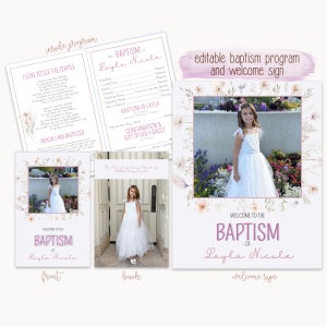 May include: A baptism program and welcome sign with floral accents. The program includes the text "I Love to See the Temple" and "When I am Baptized." The welcome sign features a photo of a girl in a white dress and the text "Welcome to the Baptism of Layla Nicole."