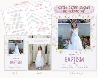 Baptism program LDS Editable Template, Church of Jesus Christ of Latter-Day Saints Baptism invitation, bow girl baptism program