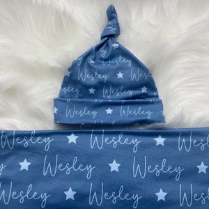 Personalized Name Swaddle, Newborn Swaddle Blanket, Star Baby Blanket Set Knot Hat or Name Headband, Name Swaddle, Baby boy star blanket