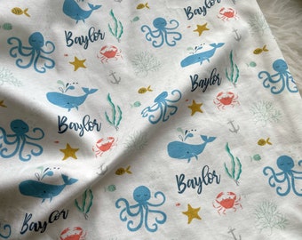 Personalized Name Swaddle, Newborn Swaddle Blanket, Baby Blanket Ocean Animal Blanket, Name Swaddle, Baby Shower Gift Custom Newborn Baby