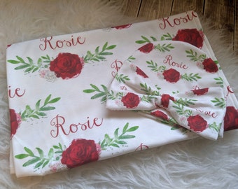 Personalized baby blanket, Personalized Swaddle Girl, Red Rose baby personalized name swaddle, newborn hospital gift, baby shower gift
