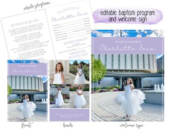 Girl Baptism program LDS Editable Template, LDS Baptism invitation, purple girl baptism program and welcome sign