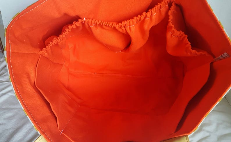 yellow orange tote with magnetic snap and six pockets READY to SHIP Large Tote bag Aztec tote LEATHER diaper bag computer bag