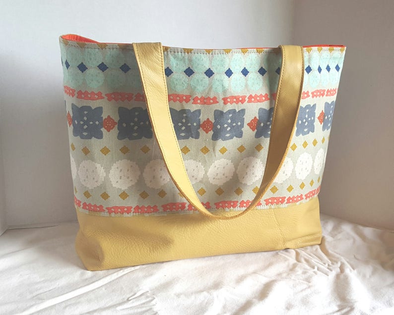yellow orange tote with magnetic snap and six pockets READY to SHIP Large Tote bag Aztec tote LEATHER diaper bag computer bag