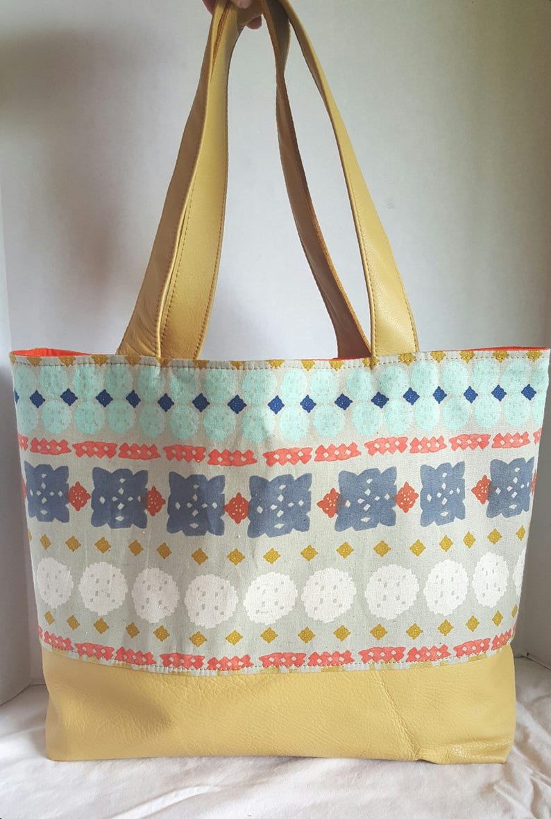 yellow orange tote with magnetic snap and six pockets READY to SHIP Large Tote bag Aztec tote LEATHER diaper bag computer bag