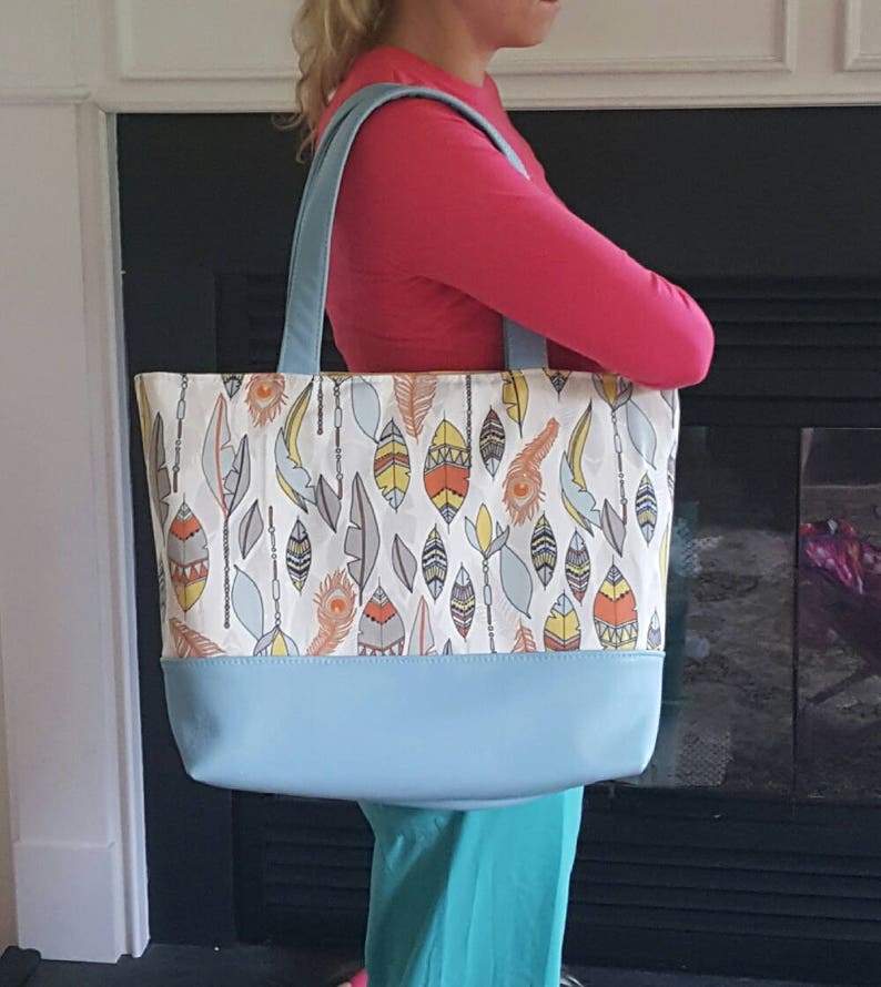 yellow orange tote with magnetic snap and six pockets READY to SHIP Large Tote bag Aztec tote LEATHER diaper bag computer bag